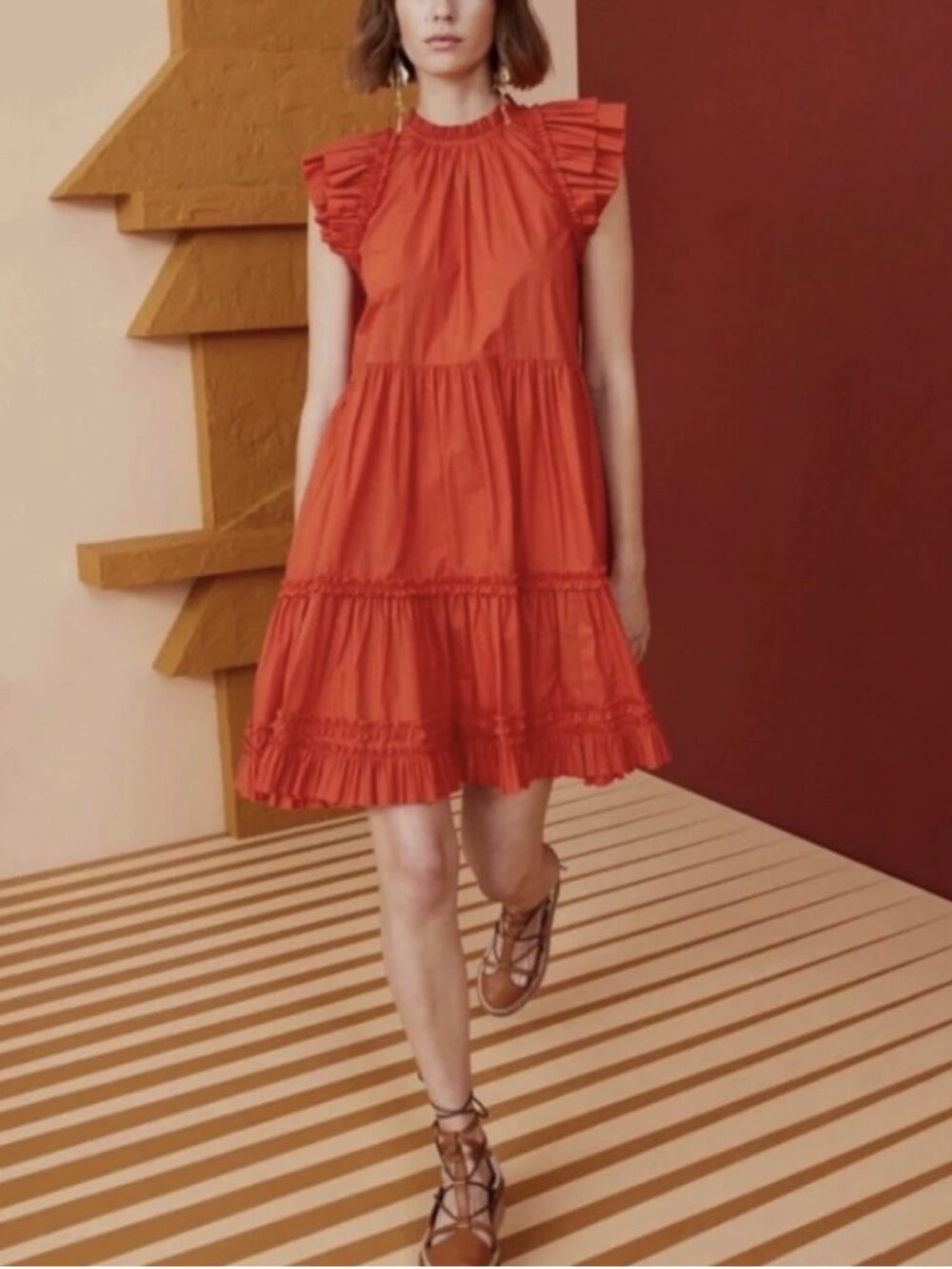 Ulla Johnson Joan Dress Tiered Ruffle Nasturtium Orange 100% Cotton Pleated Sz 8